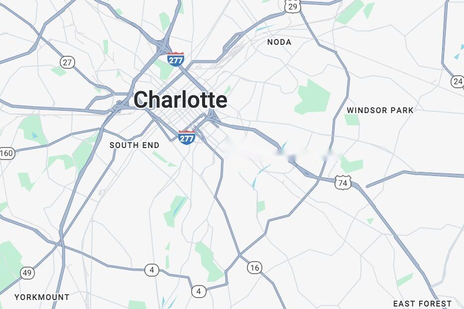 Map of Charlotte showing the Verum Partners office at 2333 Randolph Road, east of Uptown